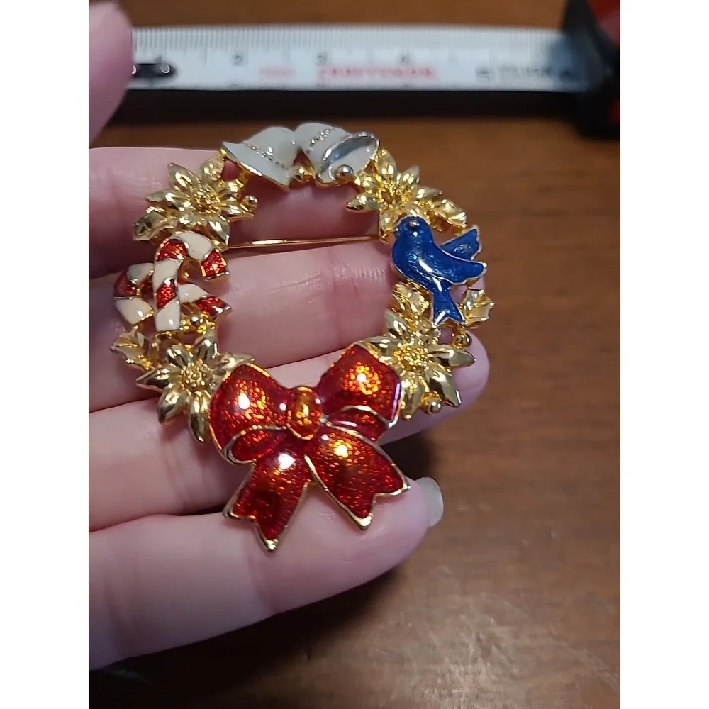 Vintage Christmas Brooch Pin Wreath Red Bow Blue Bird White Bells Candy Canes 2